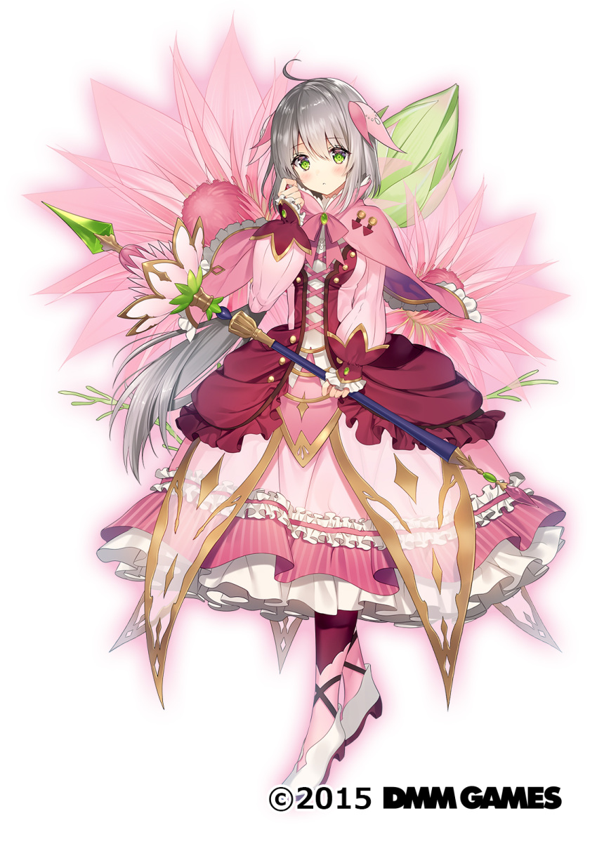 ahoge blush capelet commentary_request dress female floral_background flower flower_knight_girl frilled_dress frills full_body green_eyes grey_hair hair_ornament highres holding holding_staff holding_weapon long_hair looking_at_viewer necomi official_art pink_dress serruria_(flower_knight_girl) shoes simple_background solo staff watermark weapon white_background