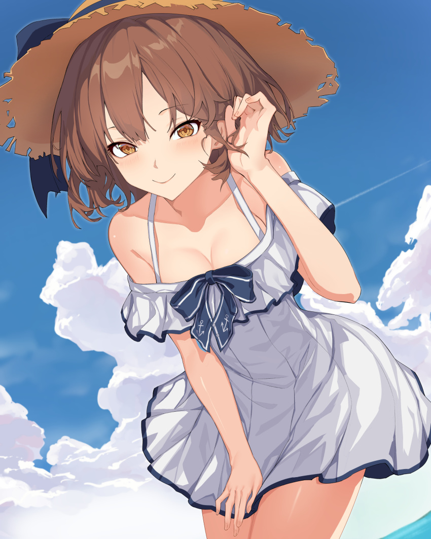 anchor_symbol bad_id bad_twitter_id blush breasts brown_eyes brown_hair closed_mouth cloud cloudy_sky collarbone cowboy_shot day dress female hat highres ikazuchi_(kancolle) kantai_collection outdoors oweee short_hair sky sleeveless sleeveless_dress small_breasts smile solo sun_hat white_dress