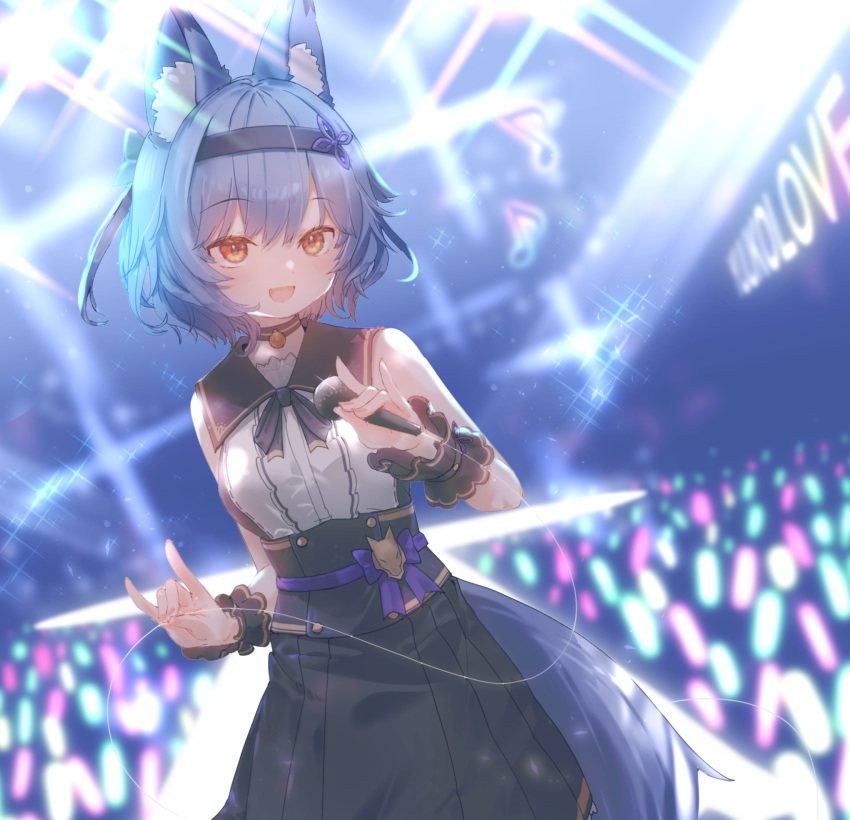 :d animal_ear_fluff animal_ears black_choker black_headband black_skirt blue_hair brown_eyes choker commentary_request cowboy_shot double_fox_shadow_puppet female fox_ears fox_girl fox_shadow_puppet fox_tail friendly_planet_(armadilion) glowstick headband highres holding holding_microphone hoshi_umi looking_at_viewer microphone shirt short_hair skirt sleeveless sleeveless_shirt smile solo stage stage_lights standing tail white_shirt wrist_cuffs yuuko-zoku_no_onee-chan