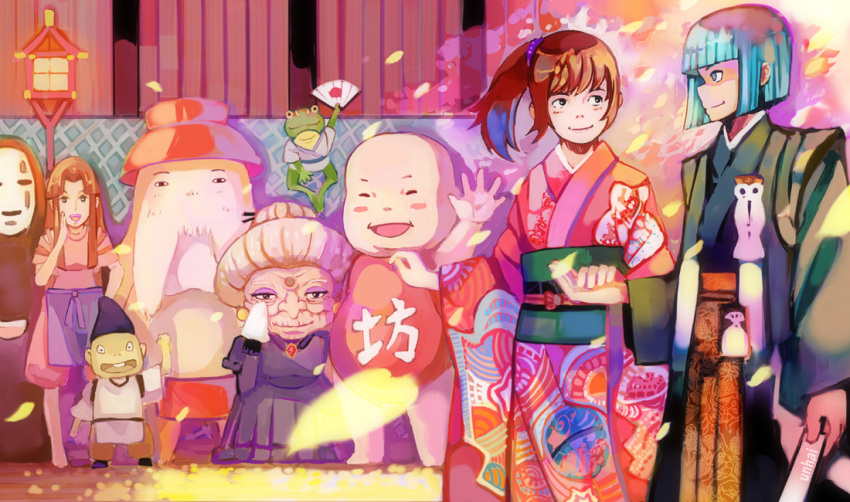 1boy 3girls aogaeru_(sen_to_chihiro_no_kamikakushi) blue_eyes blue_hair blush blush_stickers bou_(sen_to_chihiro_no_kamikakushi) colorful commentary_request couple dress extra hakama hakama_skirt haku_(sen_to_chihiro_no_kamikakushi) hand_fan holding_hands japanese_clothes kaonashi kimono lamp lin_(sen_to_chihiro_no_kamikakushi) lipstick makeup mother_and_son multiple_girls ogino_chihiro oshira-sama petals photoshop_(medium) ponytail sen_to_chihiro_no_kamikakushi skirt smile straight unhai wedding yubaba