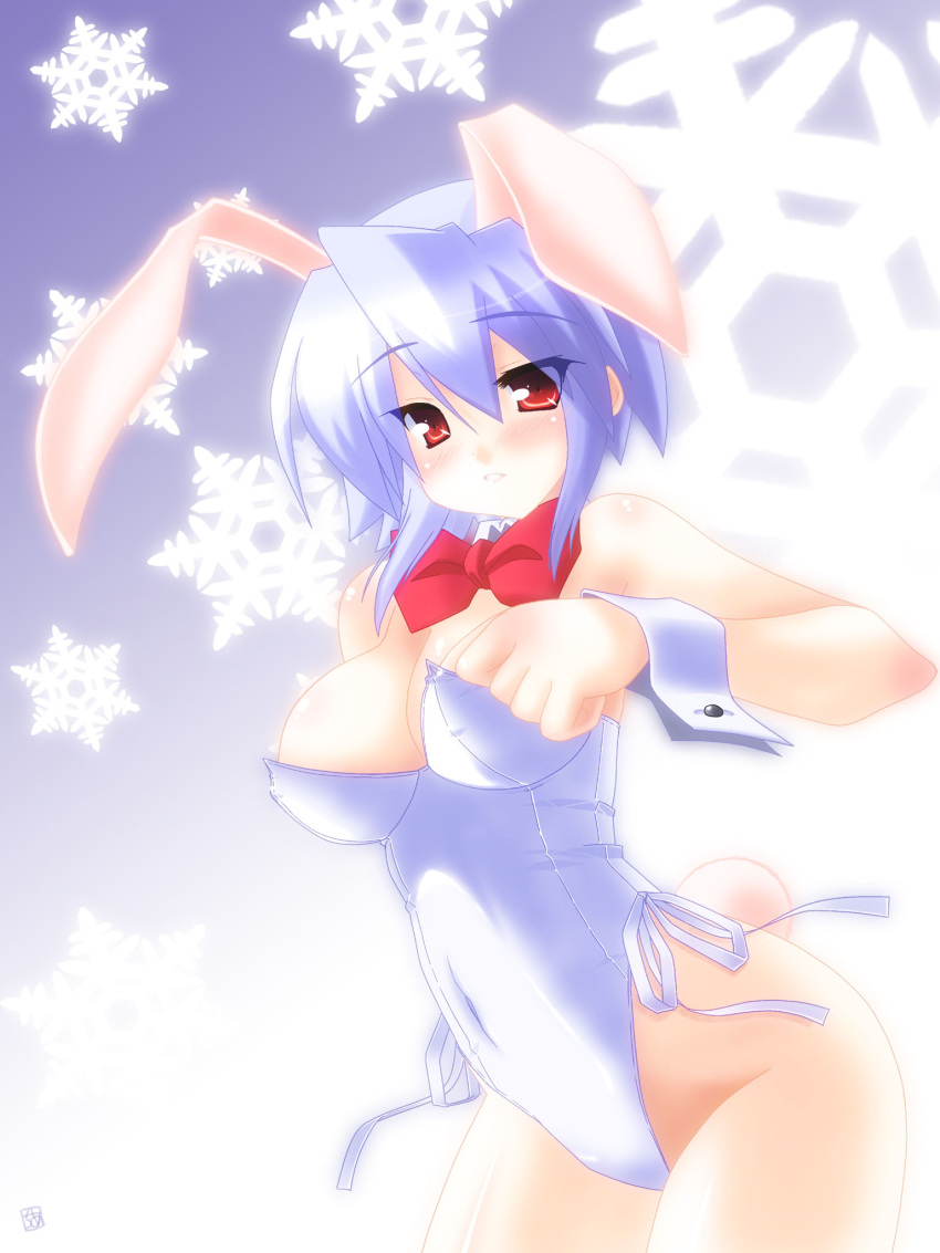 animal_ears bare_legs blue_hair bow bowtie commentary_request detached_collar female highres kotonomiya_yuki photoshop_(medium) playboy_bunny rabbit_ears rabbit_tail red_eyes saano_chia short_hair snowflakes solo suigetsu tail wrist_cuffs