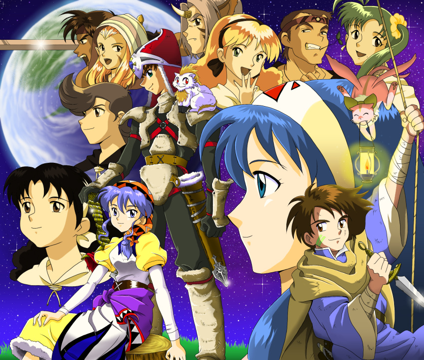 6+boys 6+girls :d alex_noah blonde_hair blue_hair brown_hair cloak collarbone commentary_request everyone fighting_stance glint glowing green_hair group_picture hairband highres hiro_(lunar) holding holding_sword holding_weapon jean_(lunar) jessica_de_alkirk jewelry kubooka_toshiyuki_(style) kyle_(lunar) lantern lemina_ausa leo_(lunar) light lucia_(lunar) luna_noah lunar lunar:_the_silver_star lunar_2:_eternal_blue mia_ausa mikiky multiple_boys multiple_girls nall_(lunar) nash_rumack necklace open_mouth pendant profile ronfar_(lunar) ruby_(lunar) scarf smile sword upper_body weapon yellow_scarf