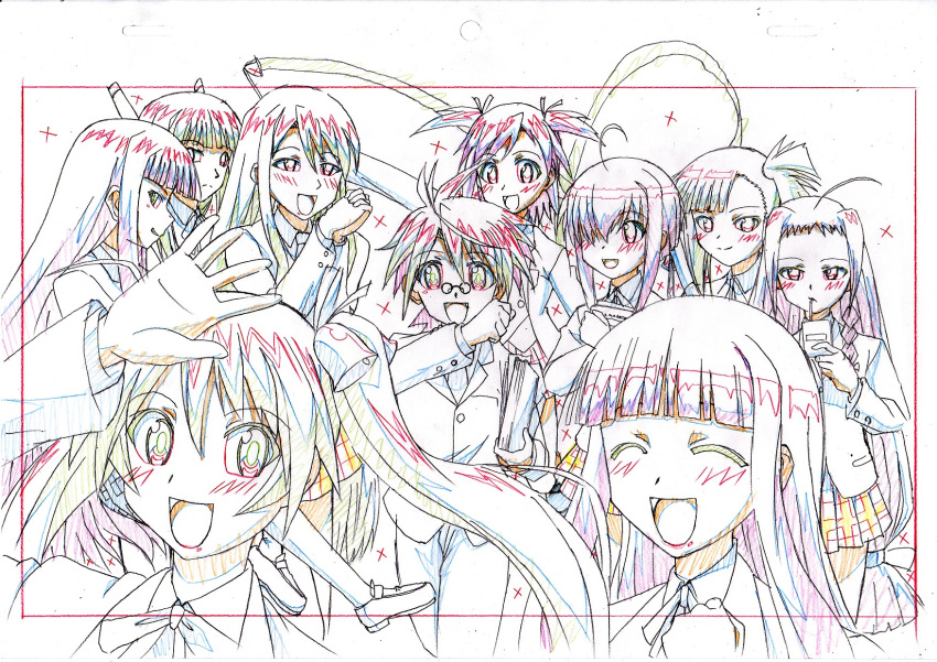 1boy 6+girls :d ahoge animation_paper ayase_yue bad_id bad_pixiv_id bell blunt_bangs book color_trace colored_pencil_(medium) evangeline_a.k._mcdowell glasses hair_over_one_eye highres kagurazaka_asuna karakuri_chachamaru kiyukiyutan konoe_konoka long_hair mahou_sensei_negima! miyazaki_nodoka monochrome multiple_girls negi_springfield open_mouth own_hands_together production_art sakurazaki_setsuna sasaki_makie side_ponytail smile traditional_media trim_marks twintails yukihiro_ayaka