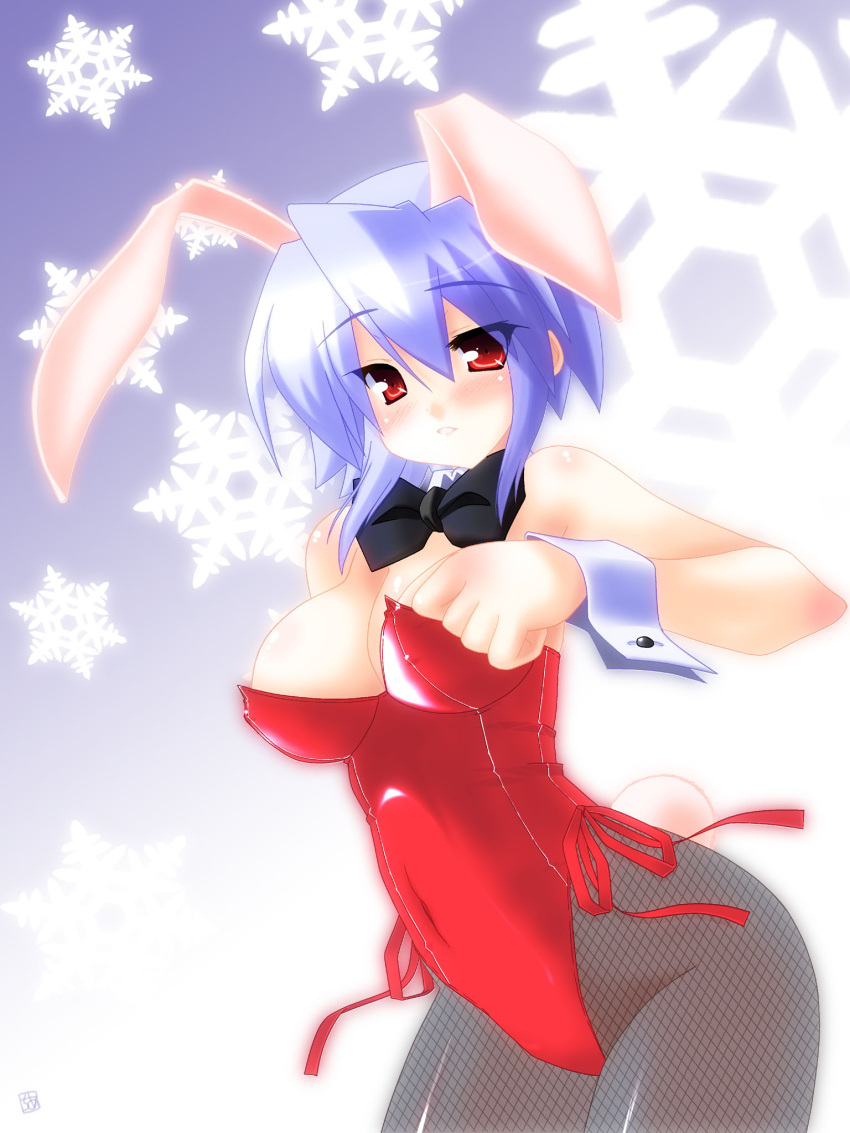 animal_ears blue_hair bow bowtie commentary_request detached_collar female fishnet_pantyhose fishnets highres kotonomiya_yuki pantyhose photoshop_(medium) playboy_bunny rabbit_ears rabbit_tail red_eyes saano_chia short_hair snowflakes solo suigetsu tail wrist_cuffs