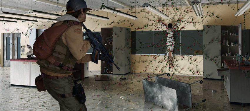 1boy 3d assault_rifle backpack bag bare_legs barefoot beard belt bound broken_glass bulletproof_vest commentary facial_hair female flower fluorescent_lamp glass gloves gun handgun hat high_heels highres holster johannes_voss lab_coat laboratory messy microscope mochiguman_(yojouhan) photorealistic photoshop_(medium) plant realistic red_flower red_rose rifle rose shoes single_shoe surreal tactical_clothes tied_up_(nonsexual) tile_floor tiles vines weapon yojouhan_shinwa_taikei