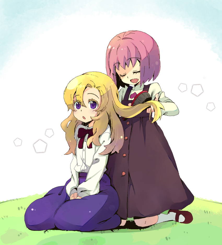 2girls :o aged_down blonde_hair brushing_another's_hair brushing_hair closed_eyes colored_eyelashes commentary_request dress hair_brush halo_(artist) highres kneeling lolicon long_hair mary_janes mawaru_penguindrum multiple_girls oginome_momoka open_mouth partial_commentary pink_hair purple_eyes red_footwear ribbon shoes short_hair sitting skirt smile socks spoilers tokikago_yuri white_legwear