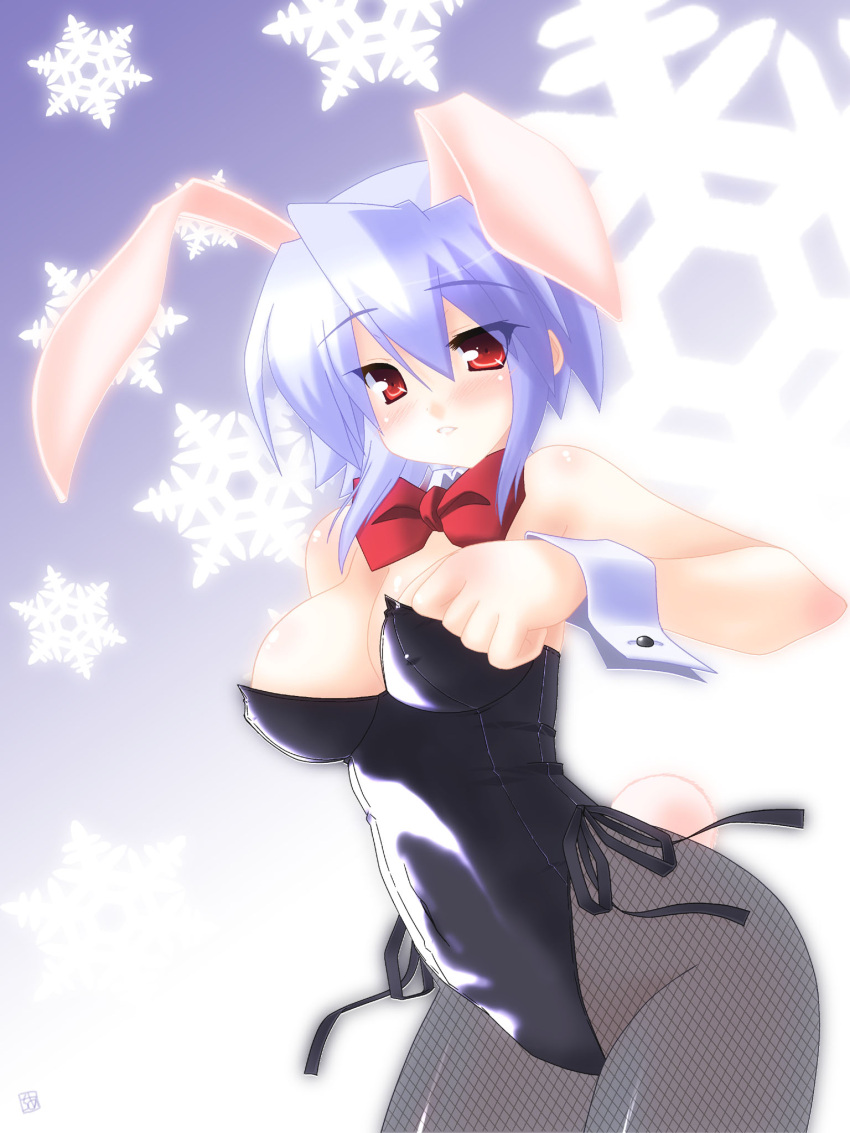 animal_ears blue_hair bow bowtie commentary_request detached_collar female fishnet_pantyhose fishnets highres kotonomiya_yuki pantyhose photoshop_(medium) playboy_bunny rabbit_ears rabbit_tail red_eyes saano_chia short_hair snowflakes solo suigetsu tail wrist_cuffs