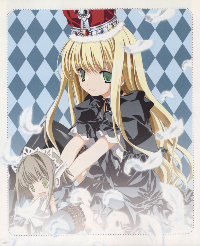 2girls absurdres blonde_hair chachazero crown doll doll_joints evangeline_a.k._mcdowell feathers garter_straps gothic_lolita green_eyes highres joints lolita_fashion mahou_sensei_negima! maid_headdress miyashita_miki multiple_girls photoshop_(medium) robot_ears scan thighhighs