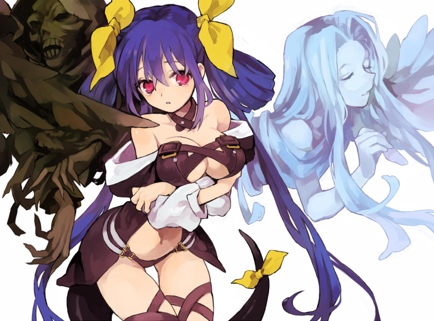 blue_hair breasts cleavage cloak closed_eyes commentary_request detached_sleeves dizzy_(guilty_gear) female guilty_gear guilty_gear_x guilty_gear_xx large_breasts navel necro_(guilty_gear) red_eyes ribbon simple_background soto tail tail_ornament tears twintails undine_(guilty_gear) white_theme wings