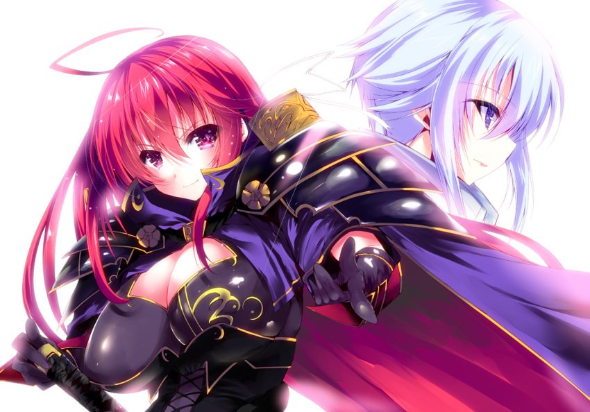 2girls ahoge akechi_mitsuhide_(sengoku_hime) armor blue_eyes blue_hair breasts cape cleavage corset gloves huge_breasts katana long_hair multiple_girls noto_kurumi oda_nobunaga_(sengoku_hime) profile purple_eyes red_eyes red_hair sengoku_hime simple_background sword weapon