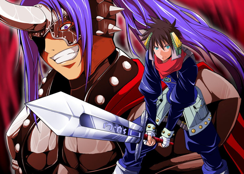 2boys aqua_eyes armor bad_id bad_pixiv_id bandages black_hair blue_eyes blue_hair brothers brown_hair commentary_request fingerless_gloves gloves grandia grandia_ii grin headgear horns kayama_kenji long_hair mask melfice_(grandia) multiple_boys pants ryudo_(grandia) scarf serious siblings single_horn smile sword weapon