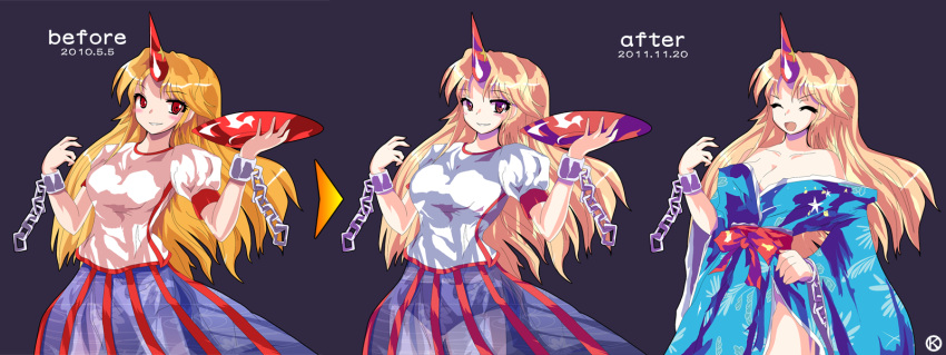 ^_^ alphes_(style) alternate_costume breasts chains cleavage closed_eyes commentary_request comparison cuffs cup female grin highres horns hoshiguma_yuugi hoshiguma_yuugi_(kimono) japanese_clothes kaoru_(gensou_yuugen-an) kimono large_breasts obi off_shoulder open_mouth parody red_eyes sakazuki sash see-through shackles shirt single_horn smile star_(symbol) style_parody touhou