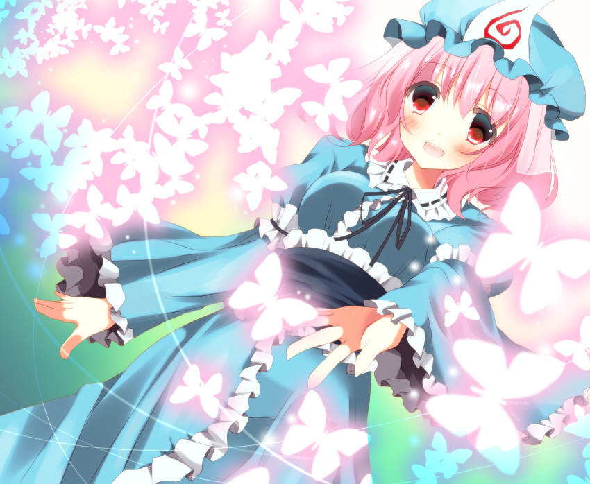 breasts bug butterfly commentary_request female ghost hat highres japanese_clothes medium_breasts obi open_mouth pink_hair red_eyes saigyouji_yuyuko sash short_hair smile solo stigma1101 touhou triangular_headpiece