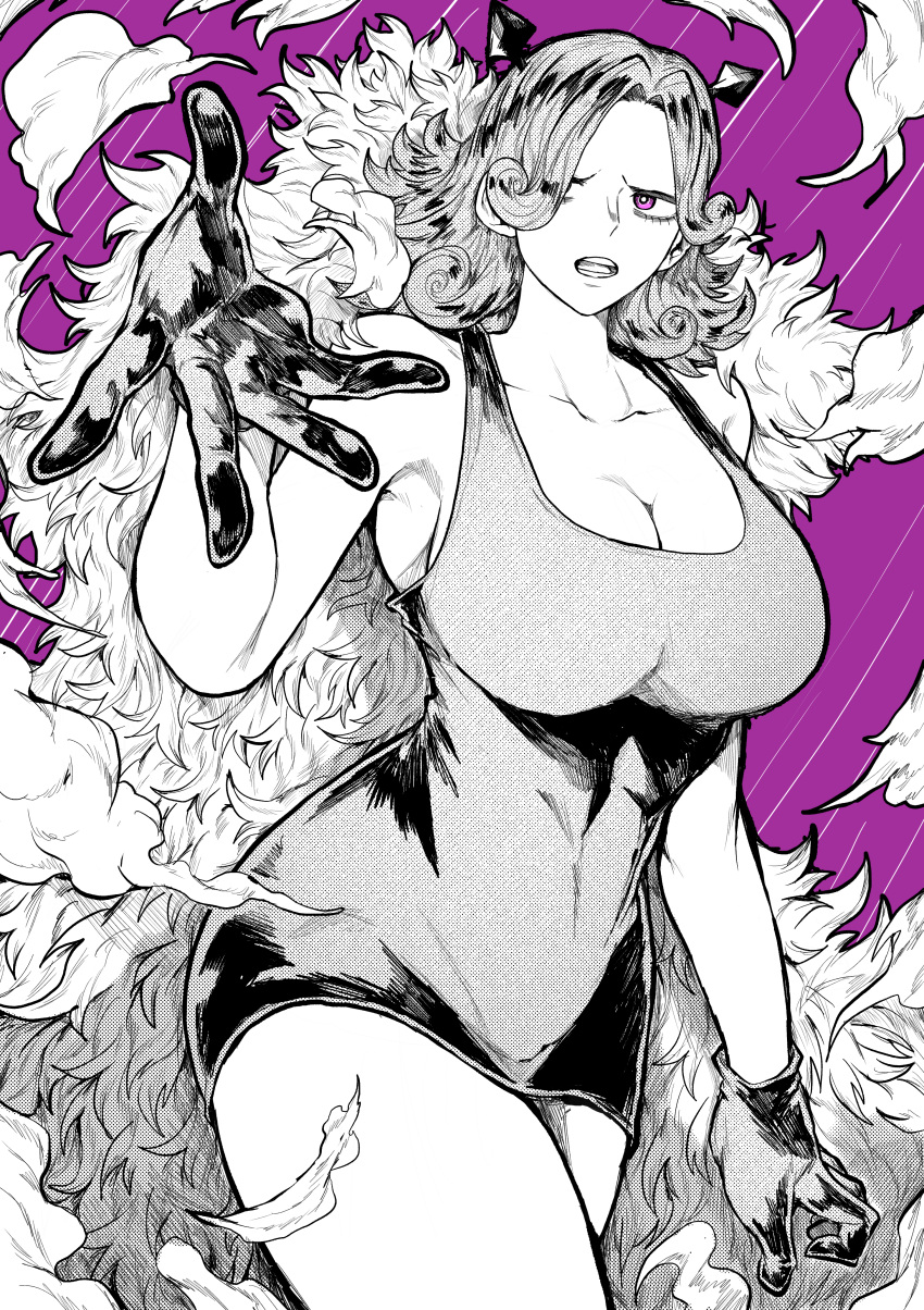 absurdres armpits breasts charlotte_galette cleavage cloak collarbone commentary cowboy_shot curly_hair curvy dress female fur_cloak gloves greyscale_with_colored_background hair_over_one_eye highres horns large_breasts looking_at_viewer medium_hair one_piece open_mouth outstretched_hand parted_bangs purple_background purple_eyes short_dress simple_background sleeveless sleeveless_dress solo spot_color standing taut_clothes taut_dress thick_thighs thighs yotsumi_shiro