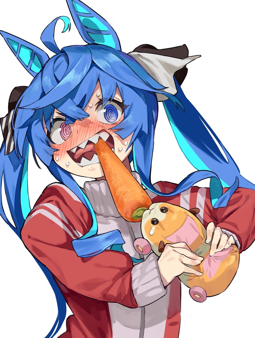 @_@ animal_ears blue_eyes blue_hair carrot commentary crossover female guinea_pig heterochromia highres horse_ears horse_girl horse_tail molcar nonco potato_(pui_pui_molcar) pui_pui_molcar purple_eyes season_connection sharp_teeth simple_background tail teeth track_suit tug_of_war twin_turbo_(umamusume) twintails umamusume upper_body white_background