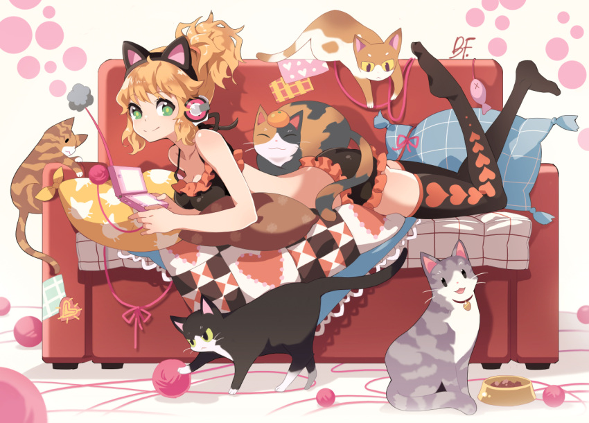 animal animal_ears bf._(sogogiching) black_bra black_legwear black_panties bra cat_ears commentary_request couch cushion fake_animal_ears feline female frilled_bra frilled_panties frills green_eyes headphones legs_up light_brown_hair light_smile lingerie long_hair looking_at_viewer lying on_stomach original panties photoshop_(medium) playing_games ponytail short_ponytail thighhighs underwear underwear_only video_game yarn yarn_ball