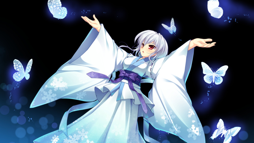 butterfly game_cg gray_hair japanese_clothes manatsu_no_yoru_no_yuki_monogatari mikeou red_eyes shinjou_yukina