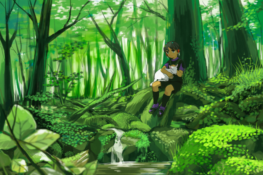 1boy ancient_dark black_hair commentary_request fon-due_(fonfon) forest green_theme hair_ornament inazuma_eleven_(series) inazuma_eleven_go lamb male_focus nature outdoors scenery sheep shuu_(inazuma_eleven) sitting soccer_uniform sportswear tree water