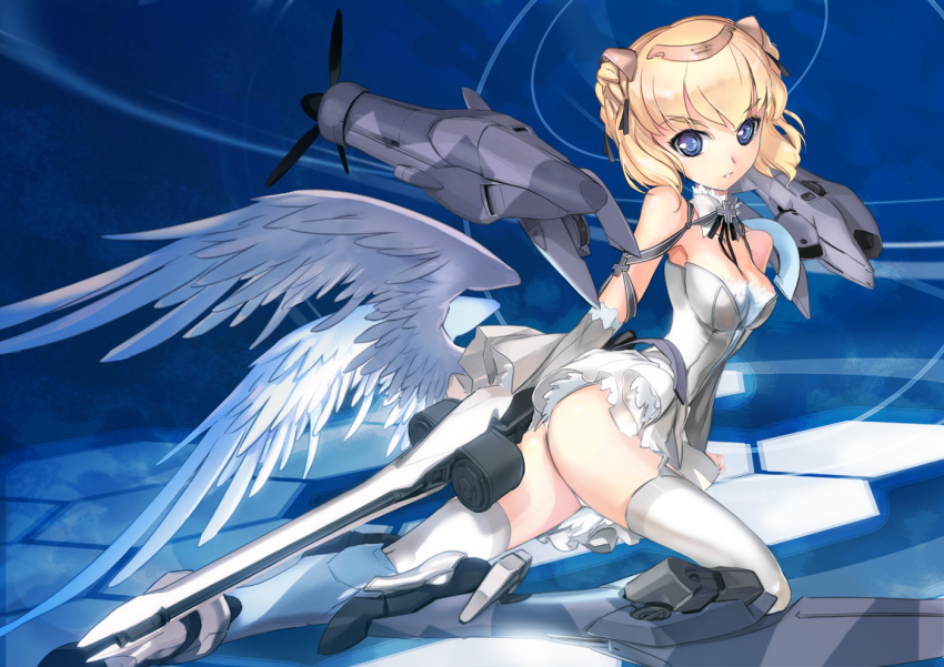 ass bare_shoulders breasts character_request cleavage commentary_request cross do_335 do_335_(personification) female girl_arms_war gun hexagon iron_cross mecha_musume military original parted_lips personification small_breasts solo thighhighs tiara weapon white_thighhighs wings world_war_ii zeco