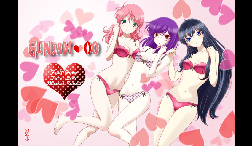 3girls bad_id bad_pixiv_id black_hair blue_eyes blush bra breasts feldt_grace genderswap_(mtf) glasses green_eyes gundam gundam_00 lingerie long_hair machinosuke marina_ismail medium_breasts midriff multiple_girls navel panties pink_hair polka_dot polka_dot_bra polka_dot_panties ponytail purple_hair red_eyes rule_63 short_hair small_breasts smile tieria_erde underwear underwear_only very_long_hair