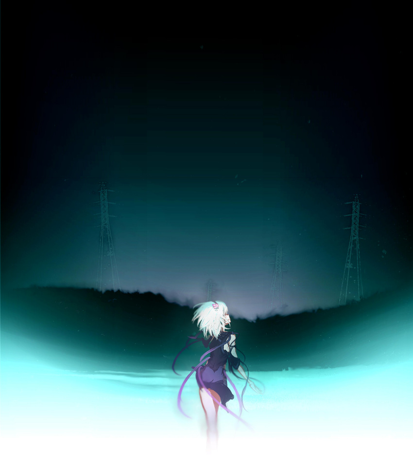 :d bare_arms bare_legs bare_shoulders blush breasts commentary_request dress female fragile:_sayonara_tsuki_no_haikyo from_behind gradient hairband highres landscape looking_up night night_sky open_mouth pale_skin ren_(fragile) short_hair sideboob sideways_mouth sky sleeveless sleeveless_dress small_breasts smile solo walking white_hair yoshioka_yoshiko