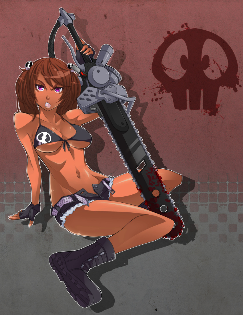 belt bikini bikini_top_only blood blood_stain boots breasts brown_hair chainsword chuunioniika commentary_request cutoffs dark-skinned_female dark_skin female fingerless_gloves front-tie_top gloves groin hair_ornament highres large_breasts navel open_belt open_fly original photoshop_(medium) purple_eyes short_shorts shorts sitting skull_hair_ornament swimsuit thighs toned twintails unbuttoned underboob unzipped wariza weapon