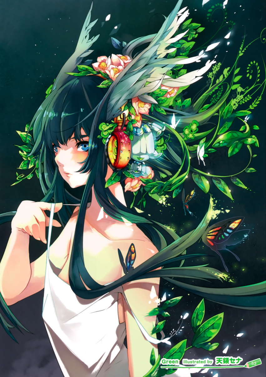 absurdres bare_arms bare_shoulders black_background black_hair blue_eyes breasts bug butterfly dissolving female floating_hair flower from_side glowing_butterfly green_hair hair_flower hair_ornament head_wings headphones highres light_particles parted_lips pink_flower plant saya_(saya_no_uta) saya_no_uta small_breasts solo strap_lift strap_slip tenryou_sena upper_body vines wings