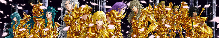 6+boys absurdres aquarius_camus aries_muu armor cancer_death_mask capricorn_shura commentary_request full_armor gemini_saga gold_armor gold_saint highres leo_aiolia libra_douko male_focus multiple_boys photoshop_(medium) pisces_aphrodite rxgdo sagittarius_aioros saint_seiya scorpio_milo sky star_(symbol) taurus_aldebaran virgo_shaka wide_image