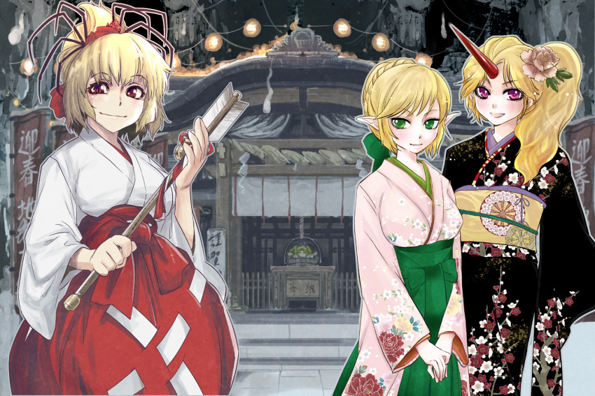 4girls alternate_costume alternate_hairstyle arrow_(projectile) bell blonde_hair collaboration commentary_request green_eyes hamaya horns hoshiguma_yuugi japanese_clothes kimono kisume kurodani_yamame miko mizuhashi_parsee multiple_girls new_year pointy_ears purple_eyes red_eyes rope shide shimenawa shrine side_ponytail single_horn smile tomotsuka_haruomi touhou yotsuba_yuiko