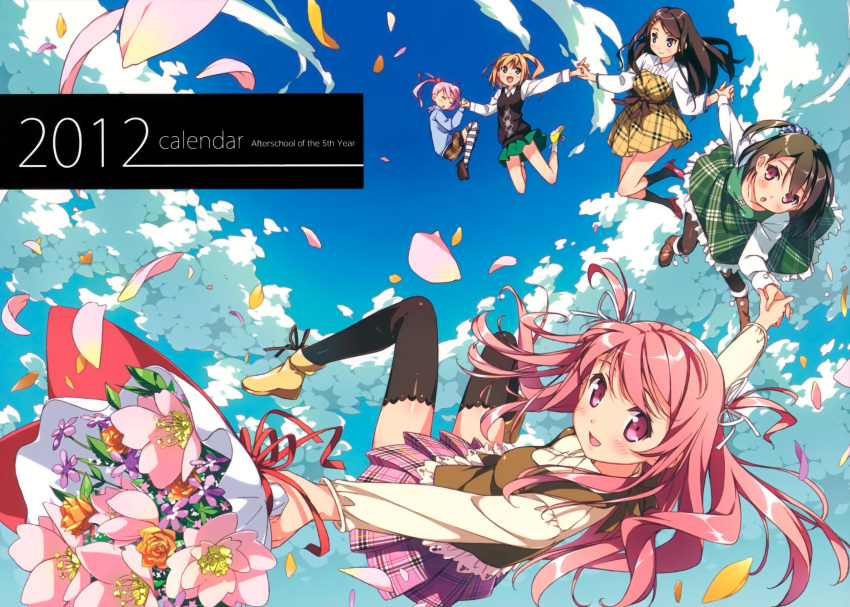 5girls absurdres black_hair black_thighhighs blonde_hair blue_eyes blush bouquet calendar_(medium) closed_eyes cloud cover day flower flying highres holding_hands kantoku kurumi_(kantoku) long_hair looking_at_viewer miyaguchi_hiromi miyaguchi_kanna miyaguchi_kei multiple_girls open_mouth original outdoors petals pink_eyes pink_hair plaid plaid_skirt pleated_skirt shizuku_(kantoku) short_hair siblings side_ponytail sisters skirt sky smile socks striped_clothes striped_thighhighs thighhighs two-tone_thighhighs white_thighhighs