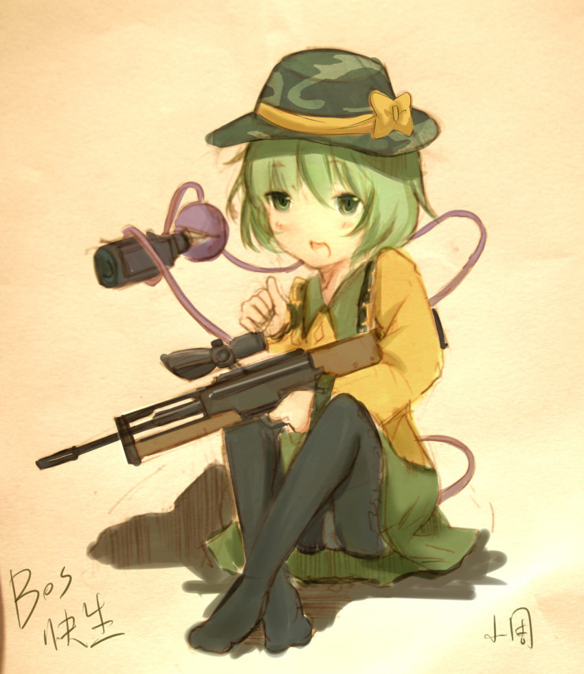 actop blush bullpup commentary_request eyeball female green_eyes green_hair gun hat heart highres komeiji_koishi open_mouth panties panties_under_pantyhose pantyhose rifle scope skirt smile sniper_rifle solo sun_hat third_eye touhou underwear walther walther_wa_2000 weapon