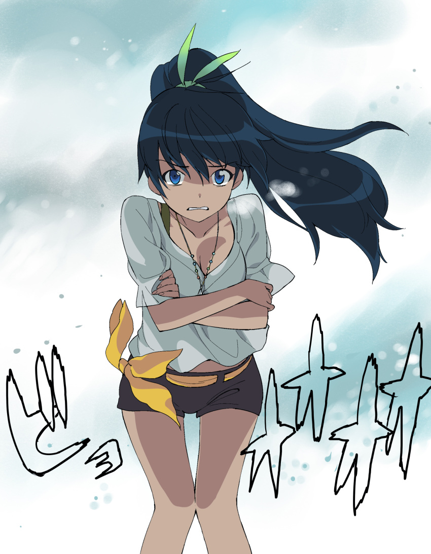 a1 black_hair blue_eyes bow clenched_teeth cold crossed_arms ganaha_hibiki hairbow highres idolmaster jewelry long_hair necklace ponytail shorts snow solo teeth wind