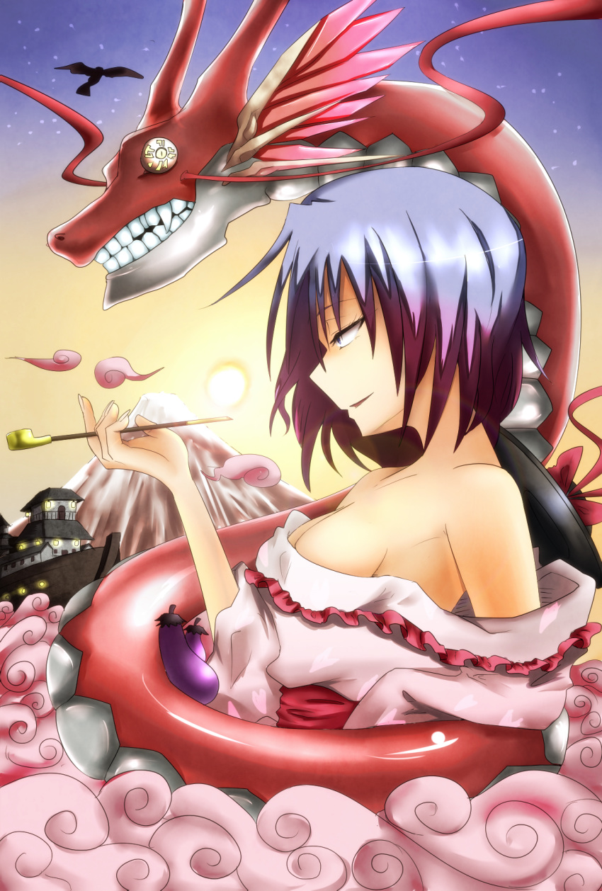 bird blue_eyes blue_hair breasts cleavage cloud commentary_request dragon eggplant female hat hatsuyume hawk highres horns kiseru medium_breasts mount_fuji mountain nagae_iku new_year off_shoulder smoking_pipe solo sun takorice touhou unworn_hat unworn_headwear whiskers