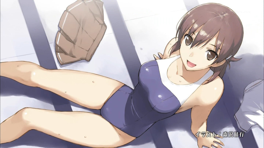 anime_screenshot arm_support bad_link bare_shoulders breasts brown_eyes brown_hair competition_swimsuit end_card female from_above highres kamogawa_girls'_high_school_uniform kyouno_madoka large_breasts legs long_hair looking_at_viewer looking_up morisawa_haruyuki one-piece_swimsuit pleated_skirt pov rinne_no_lagrange school_uniform short_hair sitting skirt smile solo swimsuit