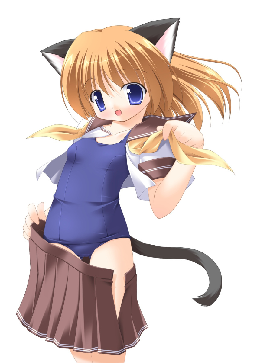 :d animal_ears blue_eyes cat_ears cat_tail clothes_pull female flat_chest highres kagura_yuuki open_clothes open_mouth open_shirt orange_hair school_swimsuit school_uniform shirt skirt skirt_pull smile solo swimsuit swimsuit_under_clothes tail undressing