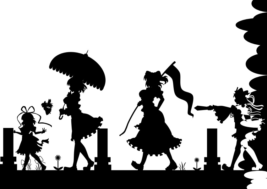 4girls absurdres bad_id bad_pixiv_id flower grave greyscale highres kazami_yuuka kitazinger medicine_melancholy monochrome multiple_girls onozuka_komachi phantasmagoria_of_flower_view photoshop_(medium) rod_of_remorse scythe shiki_eiki silhouette su-san touhou