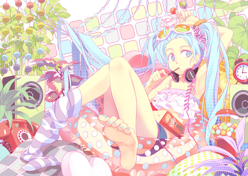 alarm_clock antique_phone aqua_nails arm_up armpits barefoot blue_eyes blue_hair bracelet candy chewing_gum clock commentary_request corded_phone eating eyewear_on_head feet female food gumball gumball_machine hatsune_miku headphones headphones_around_neck innertube jewelry legs lollipop long_hair midriff nail_polish navel osamu_(jagabata) partial_commentary phone plant pocky rotary_phone scrunchie sitting sock_dangle soles solo speaker sunglasses swim_ring swirl_lollipop thighhigh_dangle toenail_polish toenails toes twintails unworn_socks very_long_hair vocaloid