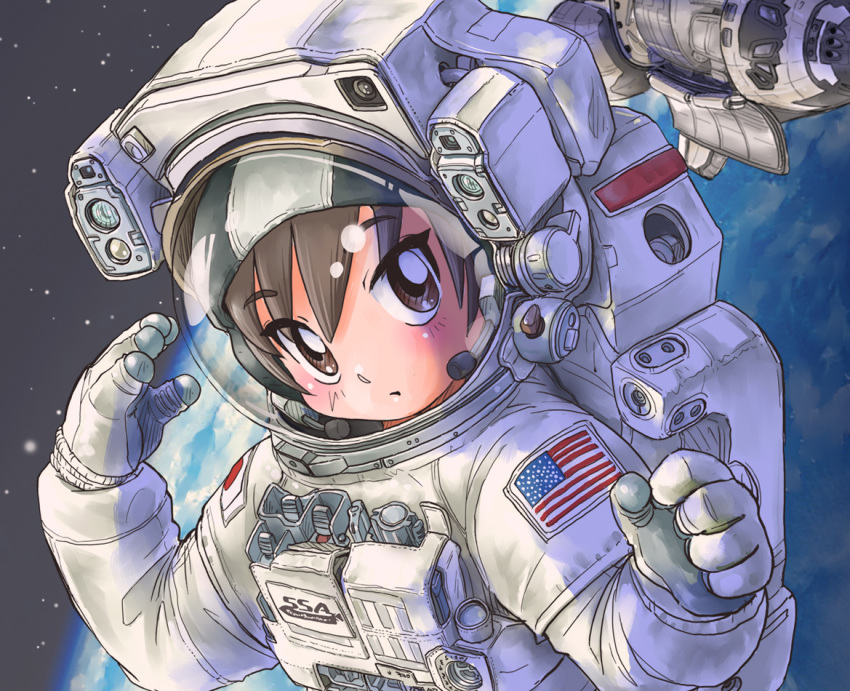 american_flag astronaut blush brown_eyes brown_hair cloud commentary_request earth_(planet) female japanese_flag kiichi morita_yukari planet rocket_girls solo space space_shuttle spacecraft spacesuit star_(sky)