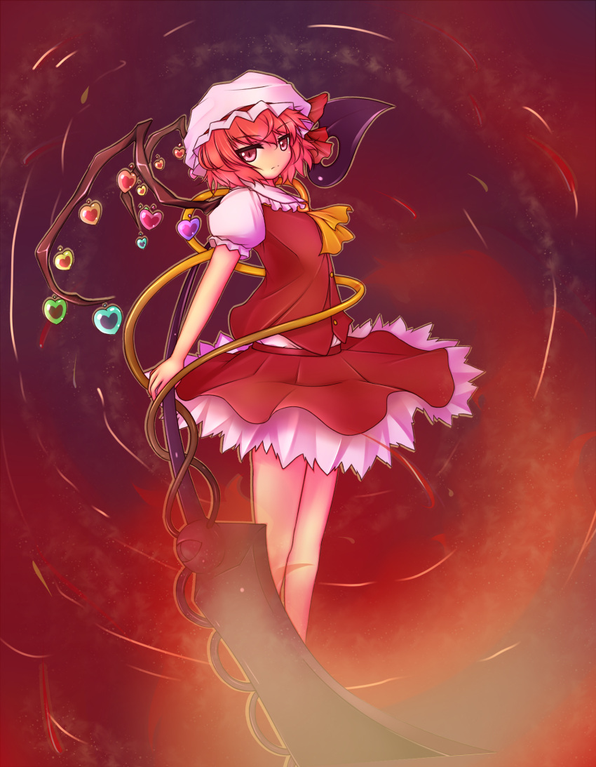 alternate_wings ascot commentary_request female fire flandre_scarlet fusion gradient_background hat hat_ribbon heart highres komeiji_satori laevatein_(touhou) looking_at_viewer mellpon pink_eyes pink_hair ribbon short_hair short_sleeves skirt smoke solo third_eye touhou vest wings