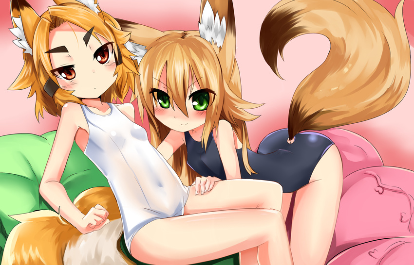 2girls absurdres animal_ears blush brown_eyes brown_hair commentary_request eyebrows fox_ears fox_tail green_eyes highres kokonoe_tsubaki kurenai_tsubaki long_hair multiple_girls one-piece_swimsuit orange_hair original school_swimsuit swimsuit tail yoshizawa_tsubaki