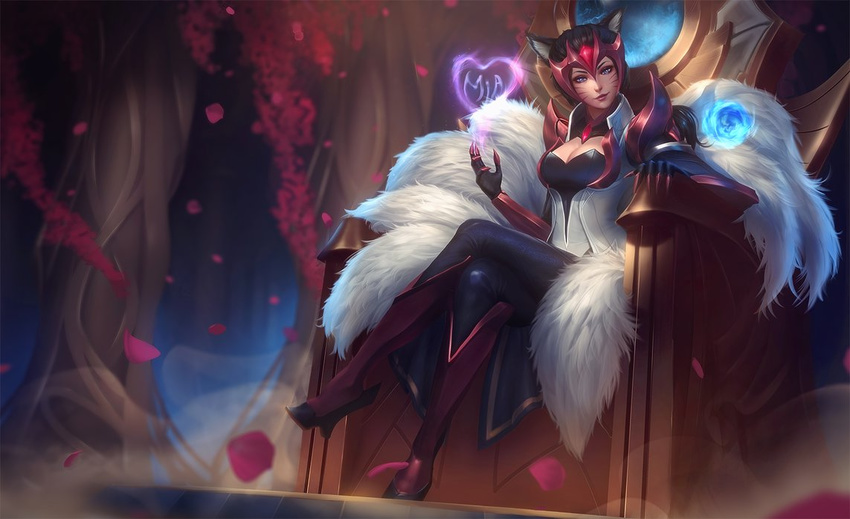 ahri_(league_of_legends) animal_ears armor black_hair blue_eyes blurry bodysuit boots breasts challenger_ahri claws cleavage commentary crossed_legs depth_of_field energy_ball eyeshadow facial_mark female forehead_protector fox_ears fox_tail gloves head_tilt heart high_collar knee_boots league_of_legends lipstick long_hair looking_at_viewer magic makeup medium_breasts multiple_tails pauldrons petals ponytail raikoart red_footwear red_lips shoulder_armor sitting solo tail throne whisker_markings