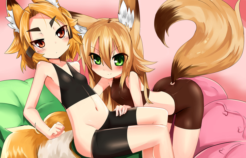 2girls absurdres animal_ears bike_shorts blush breasts brown_eyes brown_hair commentary_request eyebrows fox_ears fox_tail green_eyes groin highres kokonoe_tsubaki kurenai_tsubaki long_hair lowleg multiple_girls navel orange_hair original small_breasts tail yoshizawa_tsubaki