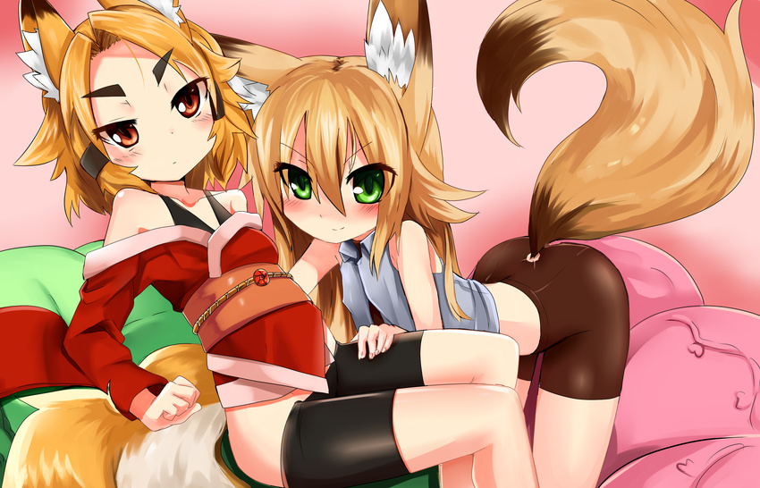 2girls absurdres animal_ears bike_shorts blush brown_eyes brown_hair commentary_request eyebrows fox_ears fox_tail green_eyes highres kokonoe_tsubaki kurenai_tsubaki long_hair lowleg multiple_girls orange_hair original tail yoshizawa_tsubaki