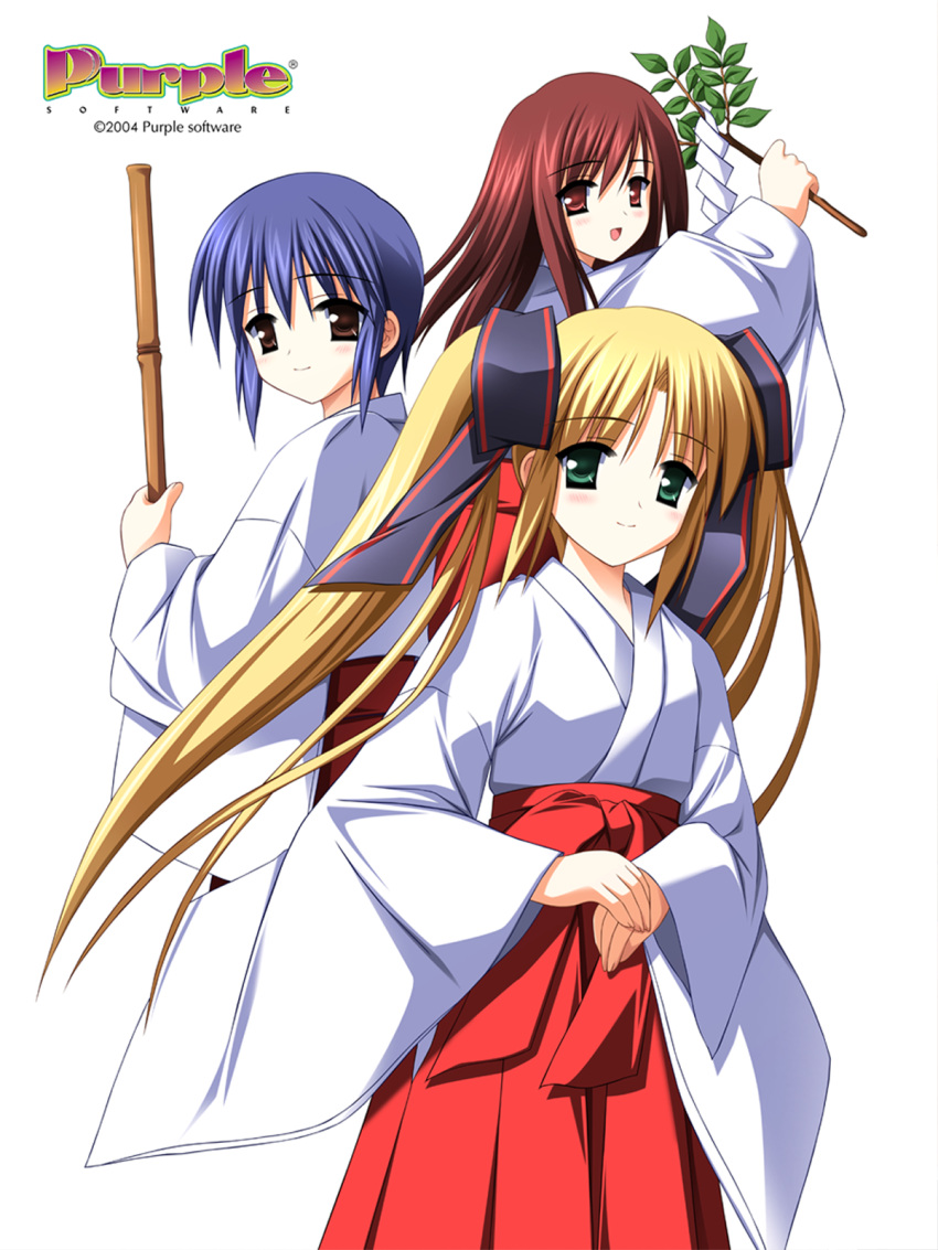 2004 3girls bamboo blonde_hair blue_eyes blue_hair blush branch broom dark_red_hair green_eyes hair_ribbon hakama hakama_skirt highres japanese_clothes kannagi_kanata kannagi_towa kannagi_yuu karen_(purple_software) miko multiple_girls non-web_source official_art red_eyes red_hair red_hakama ribbon shide simple_background skirt smile tamagushi zinno