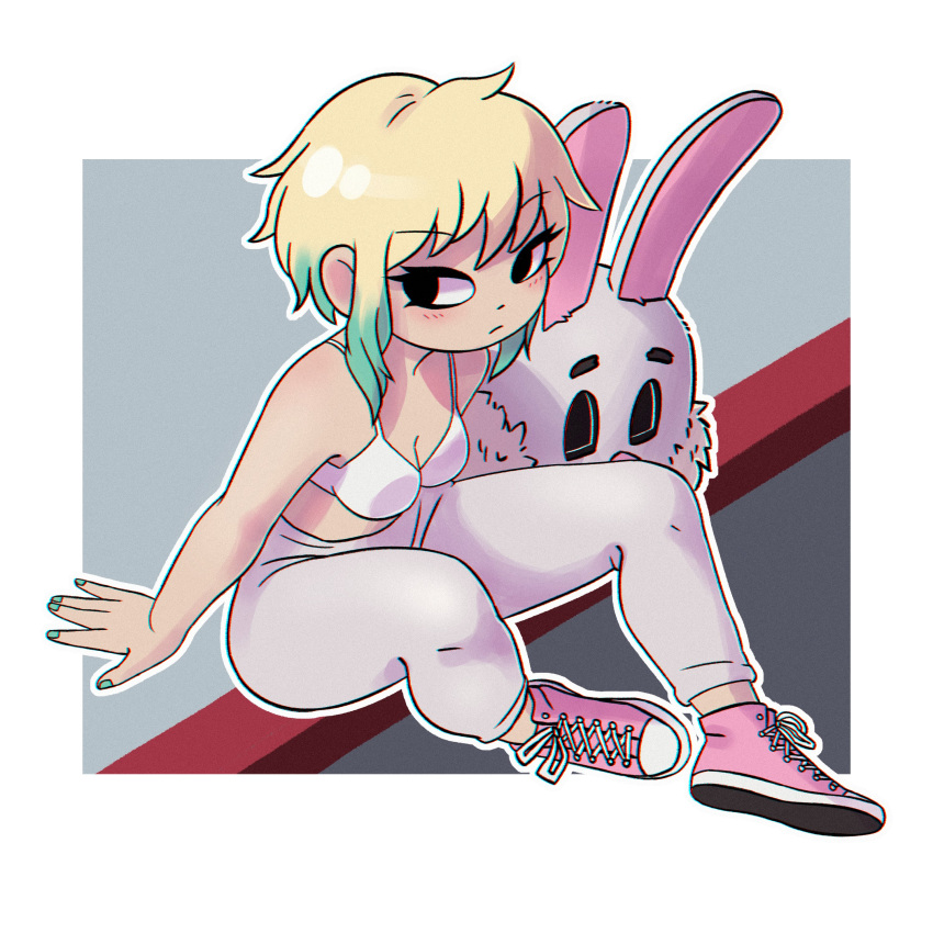 1girls black_eyes blush bra bunny_costume female green_hair green_nails kvromi_kvlt mask nail_polish partially_clothed ramona_flowers scott_pilgrim short_hair solo solo_female two_tone_hair white_bra yellow_hair