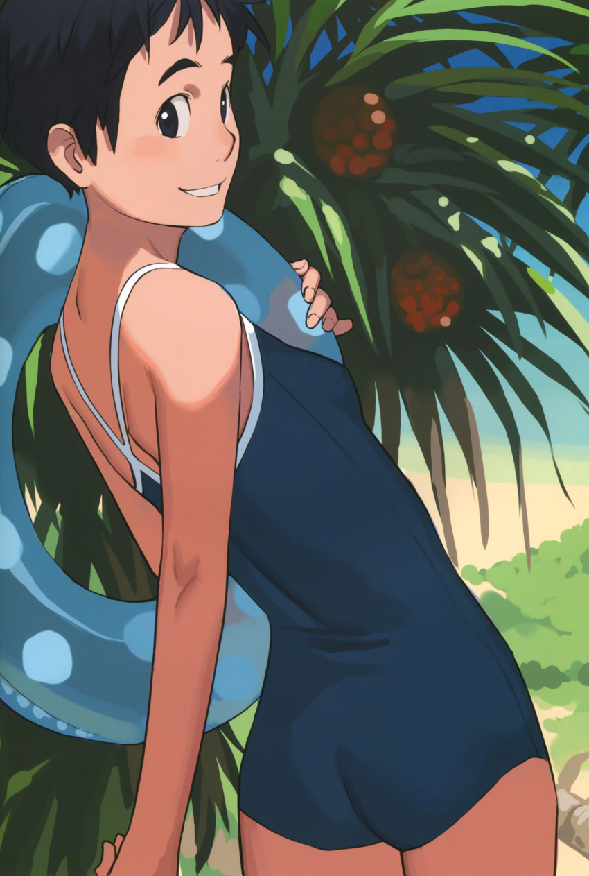 ass bare_shoulders black_eyes black_hair dutch_angle female grin highres innertube looking_at_viewer looking_back one-piece_swimsuit original outdoors photoshop_(medium) school_swimsuit short_hair smile solo swim_ring swimsuit takamichi