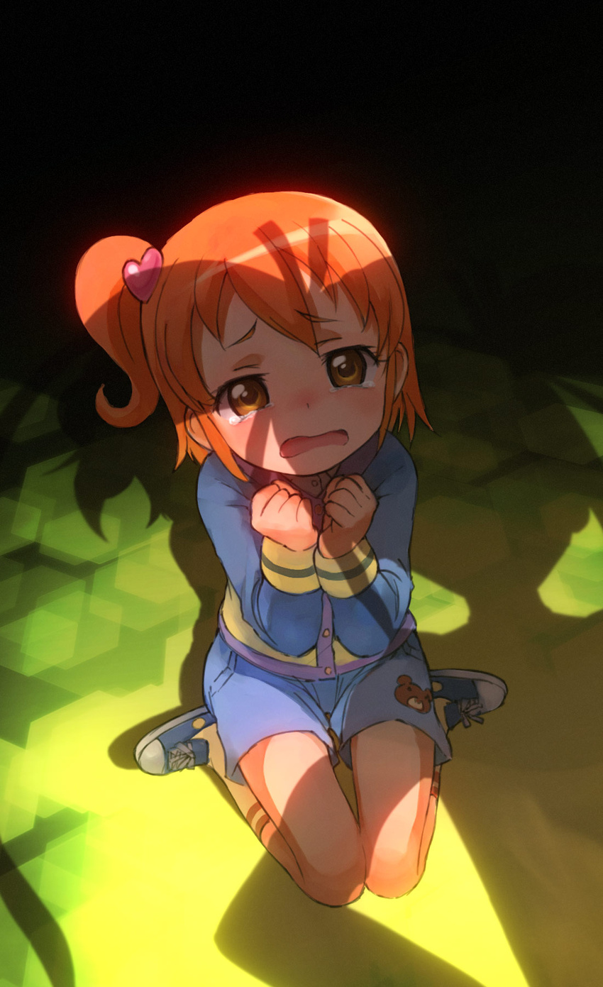 aged_down amamiya_rizumu bad_id bad_pixiv_id female hair_ornament heart heart_hair_ornament highres jacket nyama ominous_shadow open_mouth orange_eyes orange_hair pretty_rhythm pretty_rhythm_aurora_dream pretty_series scared shadow shoes short_hair side_ponytail sitting sneakers tears wariza