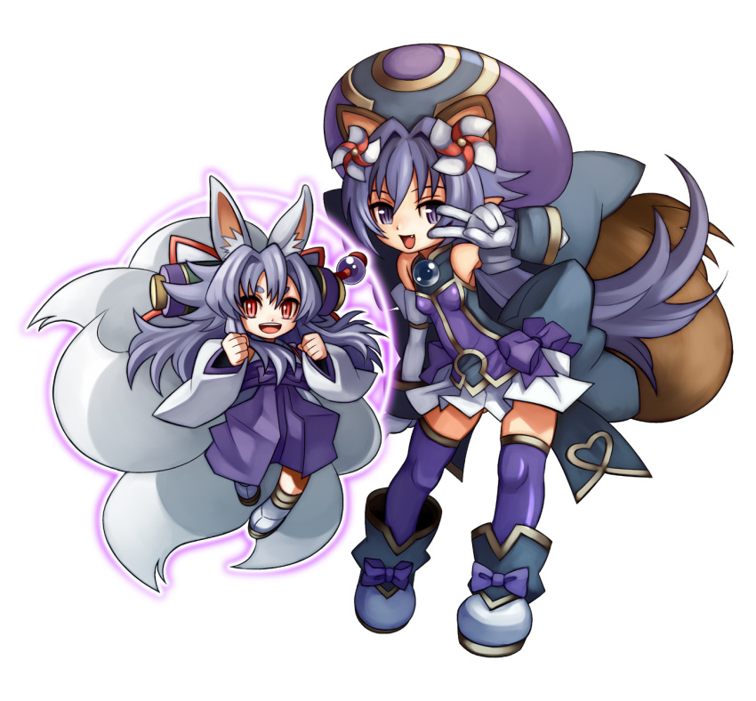 2girls animal_ears bad_id bad_pixiv_id bare_shoulders bow dress extra_ears fox_ears fox_tail gloves grey_hair highres izuna_(shinrabanshou) jitsudan matsuhime_mujina multiple_girls multiple_tails oerba_yun_fang open_mouth pinwheel pointy_ears purple_eyes purple_hair purple_legwear raccoon_ears raccoon_tail red_eyes scroll shinrabanshou shoes slit_pupils tail thighhighs v v_over_eye white_gloves