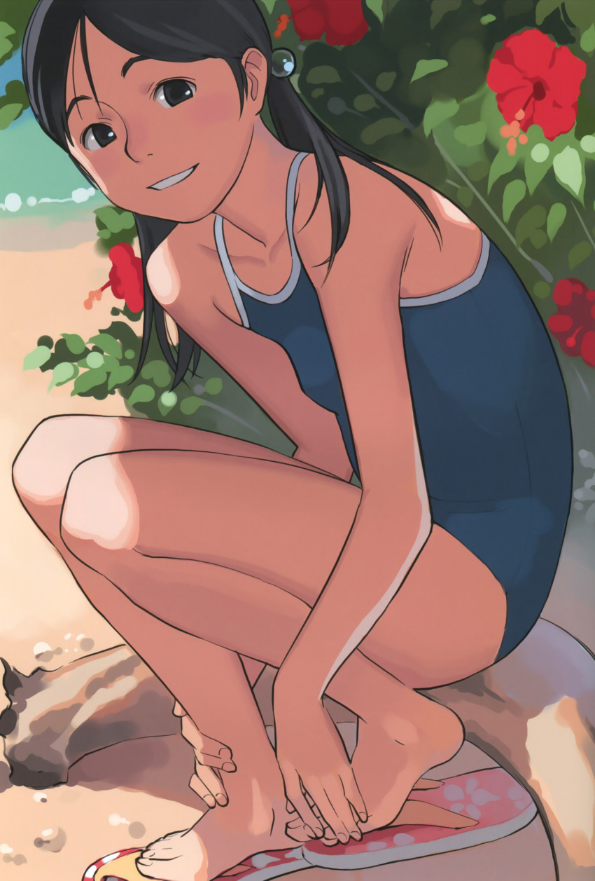 bare_legs bare_shoulders barefoot beach black_eyes black_hair female flip-flops hair_bobbles hair_ornament highres looking_at_viewer one-piece_swimsuit original photoshop_(medium) sandals school_swimsuit sitting smile solo swimsuit takamichi twintails