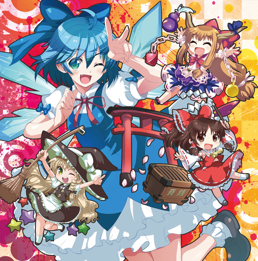 4girls bow broom chains cirno closed_eyes commentary_request gourd hairbow hakurei_reimu hat highres horns ibuki_suika kirisame_marisa multiple_girls one_eye_closed oni photoshop_(medium) shike_naoto torii touhou wings witch_hat